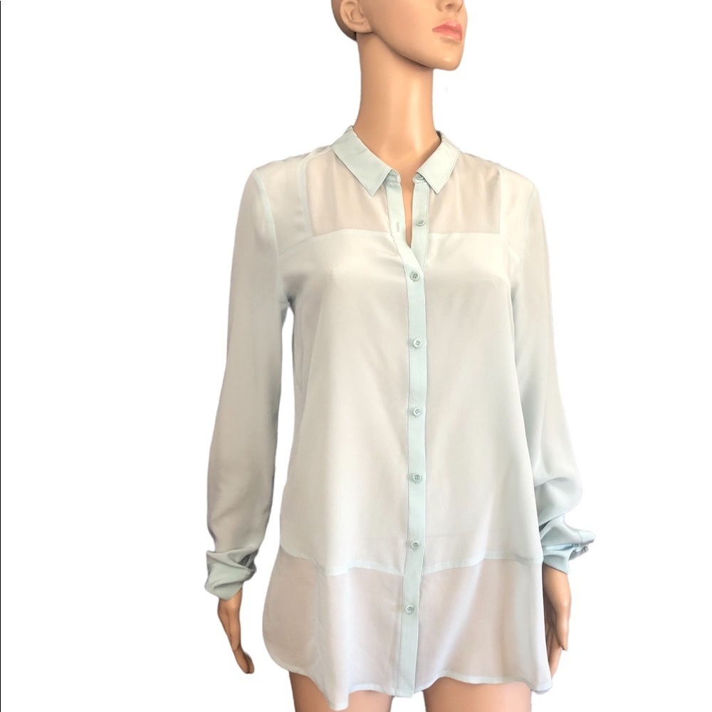 Trouve pale green long sleeve silk button down sheer top size small